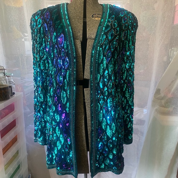 Oleg Cassini Jackets & Blazers - Vintage 80s Oleg Cassini Black Tie Black Silk Jacket Designer Turquoise Purple M